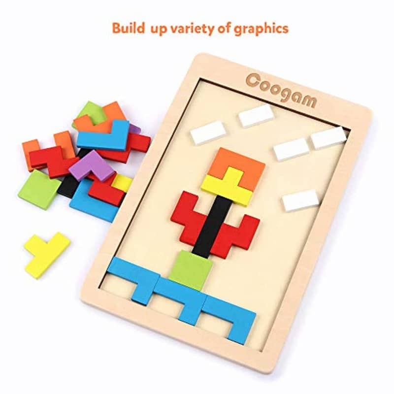 Holzspielzeug - Coogam Holz Puzzle 40 Stück Tangram Puzzle Gehirntraining Spielzeug für Kinder, Holzpuzzle Box Gehirn Spiel Baustein - Einfach Baby