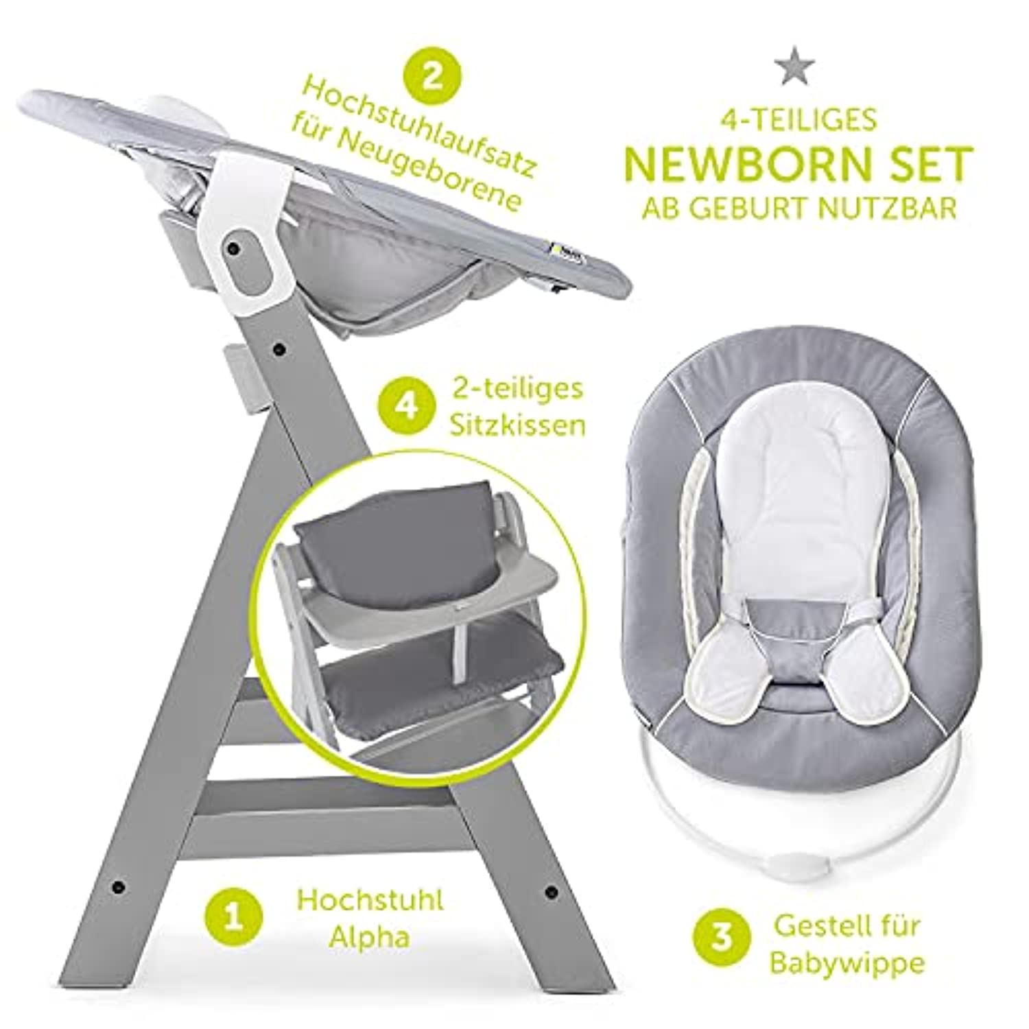 Hauck Alpha Newborn Set - Baby Holz Hochstuhl ab Geburt mit Liegefunktion  inkl. Aufsatz für Neugeborene | Mitwachsende Hochstühle