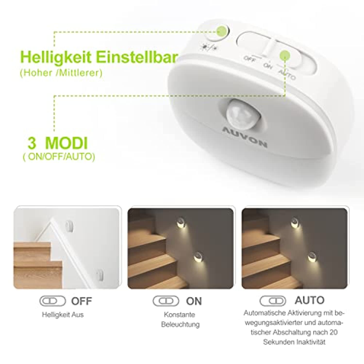 AUVON LED Nachtlicht mit Bewegungsmelder, Aufladbar USB Nachtlicht Kinder  mit 3 Modi (Auto/ON/OFF)