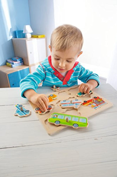 HABA 301940 - Greifpuzzle Fahrzeug-Welt | Holzspielzeug ab 12 Monaten | 8-teiliges Puzzle aus Holz mit bunten Fahrzeugmotiven HABA Holzspielzeug Einfach Baby