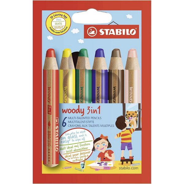 Malen & Kneten - Buntstift, Wasserfarbe und Wachsmalkreide - STABILO woody 3 in 1 - 6er Pack mit Spitzer - mit 6 verschiedenen Pastellfarben - Einfach Baby