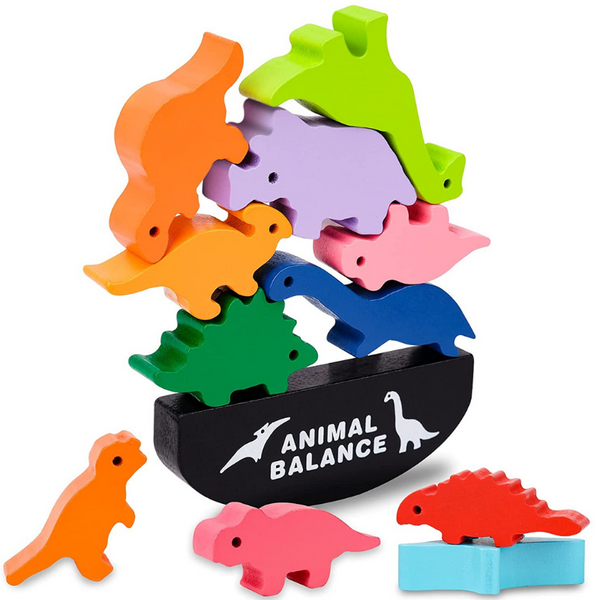 Holzspielzeug - DUDUFLY Montessori Holz Dinosaurier Tier Stapelblöcke Balancing Spiel Spielzeug für Kleinkinder Kinder - Einfach Baby