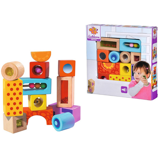 Holzspielzeug - Eichhorn – Klangbausteine – 12 bunte Holzbausteine die Geräusche machen, für Kinder und Babys ab 12 Monaten, Holzspielzeug - Einfach Baby
