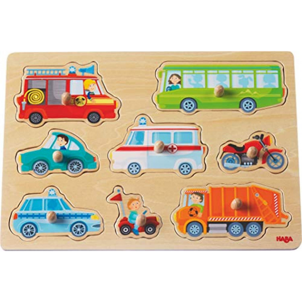 Holzspielzeug - HABA 301940 - Greifpuzzle Fahrzeug-Welt | Holzspielzeug ab 12 Monaten | 8-teiliges Puzzle aus Holz mit bunten Fahrzeugmotiven - Einfach Baby