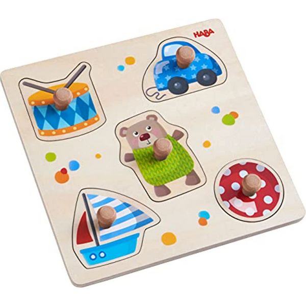 Holzspielzeug - HABA 304608 - Greifpuzzle Spielsachen, 5-teiliges Holzpuzzle mit Spielzeug-Motiven und großen, griffigen Holzknöpfen, Holzspielzeug ab 12 Monaten - Einfach Baby