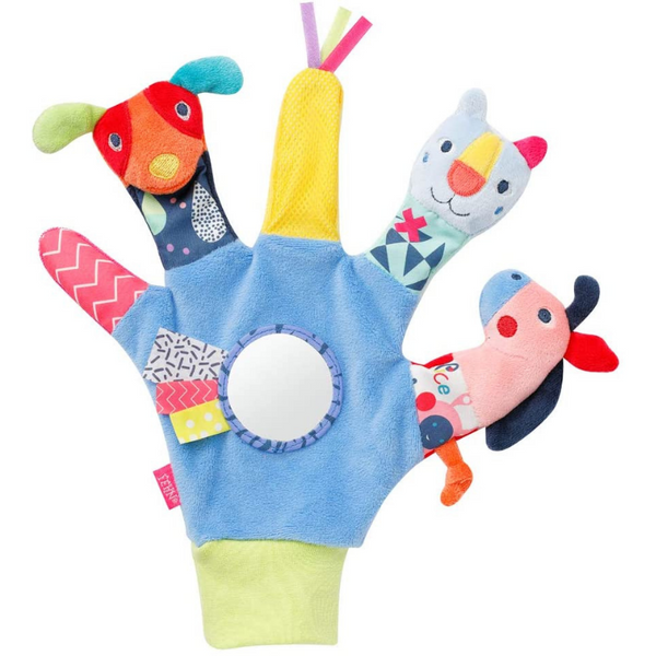 Lernspielzeug - Spielhandschuh Safari – Fingerpuppen-Handschuh Affe und Elefant mit Rassel und Quietsche für Babys und Kleinkinder ab 0+ Monaten - Einfach Baby